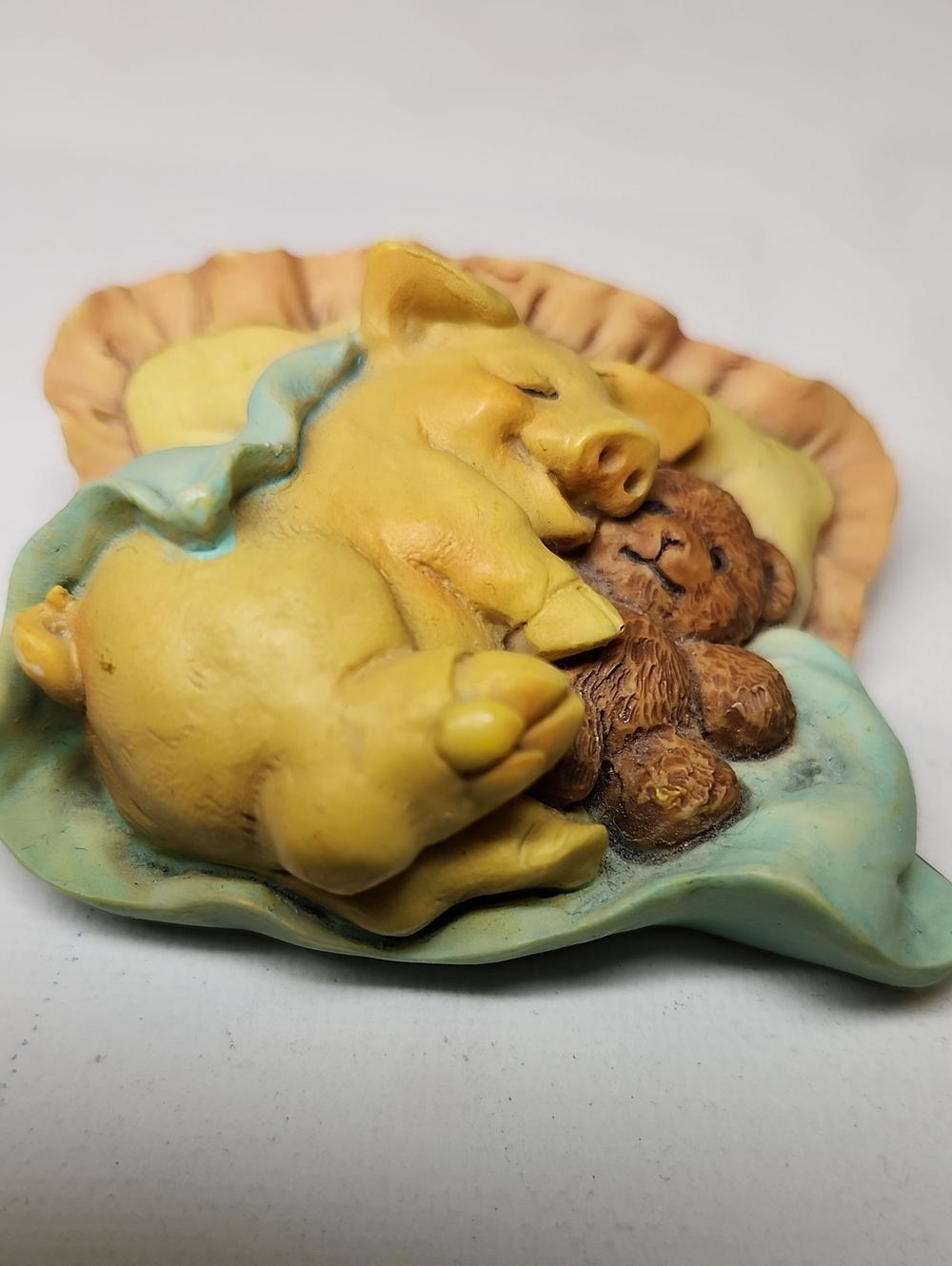 Pigsville 1993s Yellow Pig & Teddy Small Pets Figurine Decorative Accent